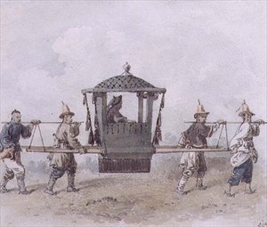 Kinesiske tjenere som bærer en Palanquin (akvarell)