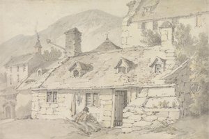 Steinhytter i et fjellandskap med en figur i forgrunnen av William Alexander