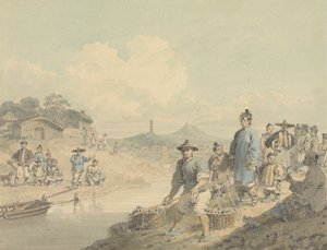 Visning i Kina: Figurer med pagode og fjell av William Alexander