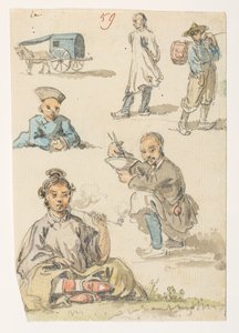 f.11 59 Studier av kinesisk,  fra et album med 372 tegninger av landskap, kystlinjer, kostymer og hverdagsliv laget under Lord Macartneys ambassade til keiseren av Kina, mellom 1792 og 1794 (blyant og akvarell på papir) av William Alexander