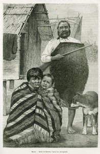 Tre generasjoner maori. Gravering av Barbotin, for å illustrere historien Voyage to New Zealand, i 1889, av G.Verschuur, i The Round the World 1890, regissert av Edouard Charton (1807-1890), Hachette, Paris. av William Barbotin