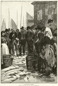 Et fiskesalg på Whitby (gravering) av William Barnes (after) Wollen