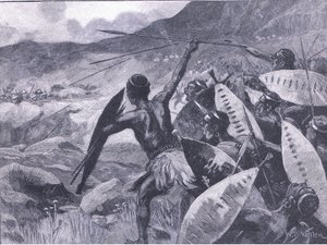 Kamp i Matopos Hills: Anklagen for Matabele, illustrasjon fra Cassells History of England, 1900-tallet av William Barnes Wollen