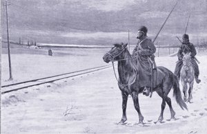 Vokter jernbanen nær Mukden, illustrasjon fra Cassells History of the Russo-Japanese War Vol 1, ca. 1900 av William Barnes Wollen