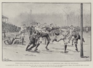 Internasjonal fotballkamp (England v Wales) 6. januar, på Birkenhead Park, første forsøk for England av William Barnes Wollen
