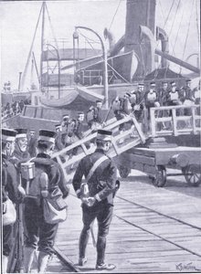 Japanske tropper går om bord på Kobe, illustrasjon fra Cassells History of the Russo-Japanese War Vol 1, ca. 1900 av William Barnes Wollen
