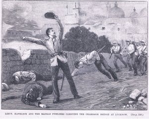 Løytt. Havelock og Madras-fusilierne som bærer Charbagh-broen ved Lucknow 1857 e.Kr av William Barnes Wollen