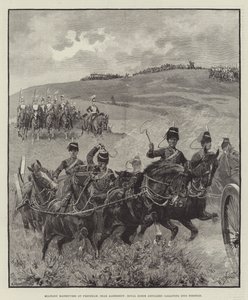Militære manøvrer ved Frensham, nær Aldershot, Royal Horse Artillery galopperende inn i posisjon av William Barnes Wollen