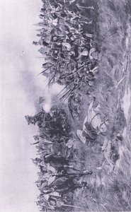 Det 28. Gloucester-regimentet mottok fransk kavaleri ved Waterloo 18. juni 1815, illustrasjon fra British Battles on Land and Sea, 1915 av William Barnes Wollen