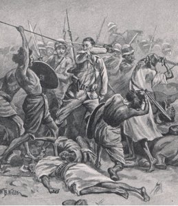 Torget ved Abu-Klea, 17. januar 1885, illustrasjon fra britiske slag på land og hav, 1915 av William Barnes Wollen
