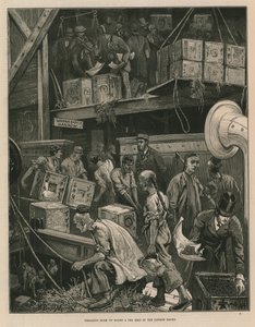 Å bryte bulk om bord på et teskip i London-bryggene (gravering) av William Bazett Murray