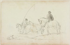 To menn til hest med to hester og hund (blyant og akvarell (vask) på papir (på papir med M751))