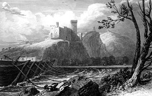 Slottet i Beaucaire og en bro med båter over Rhône, Frankrike, 1824.