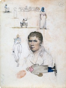 Eight small drawings, including portrait, figure studies, carts, by artist William Berryman.   1407650   no       norwegian Successfully Translated  Original: En korvet for fulde sejl. Illustration til "Linearperspectiven", Tavle X Translat: En korvet for  av William Berryman