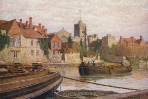 Maidstone, baksiden av det gamle palasset, kirken og Old College sett fra den andre siden av Medway (fargelitografi) av William Biscombe Gardner