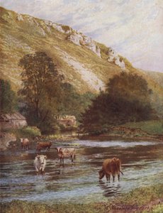 On the Wye, Upper Dale Farm, Monsal Dale (farge litho) av William Biscombe Gardner