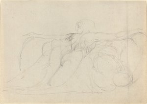 En mann sett bakfra, stiger på skyer av William Blake