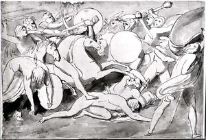 Kampscene (penn og blekk) (s/hvitt-bilde) av William Blake