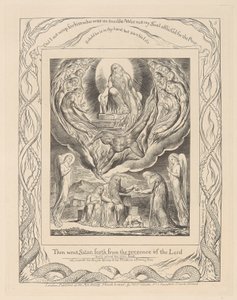 Jobs bok, plate 5, Satan går ut fra Herrens nærvær og Jobs nestekjærlighet av William Blake