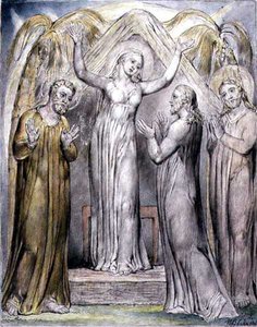 Christ Returns to his Mother, illustrasjon fra "Paradise Regained" av John Milton, ca. 1816-18 (penn og blekk, grå vask og akvarell på papir) av William Blake