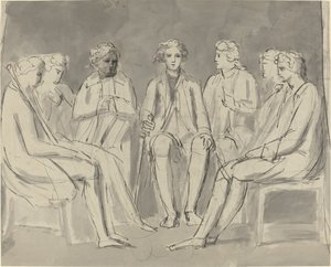 Gruppe menn som sitter i en sirkel [recto] av William Blake