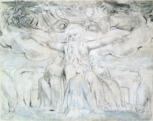 Job og hans døtre (blyant, penn og grått blekk) av William Blake