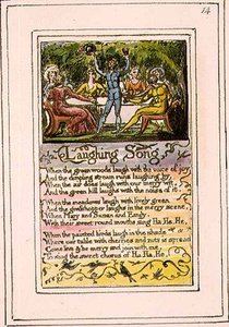 P.124-1950.pt14 Lattersang: plate 14 fra Songs of Innocence and of Experience (kopi R) c.1802-08 (etsing, blekk og akvarell) av William Blake