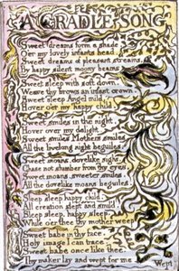 P.124-1950.pt15 A Cradle Song: plate 15 fra Songs of Innocence and of Experience (kopi R) c.1802-08 (etsing, blekk og akvarell) av William Blake