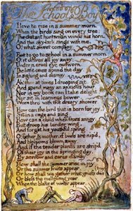 S.125-1950.pt53 Skolegutten: plate 53 fra Songs of Innocence and of Experience (kopi AA) c.1815-26 (etsing, blekk og akvarell) av William Blake