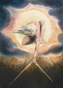 Dagenes gamle - Urizen måler ut den materielle verden - Urizen måler den materielle verden. Illustrasjon av forsiden av boken "" Europa. Til profetier." Tegning av William Blake (1757-1827) av William Blake