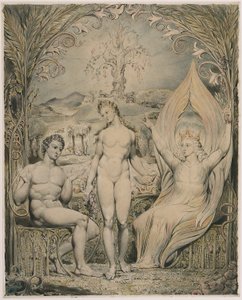 Erkeengelen Raphael med Adam og Eva (illustrasjon til Miltons Paradise Lost) av William Blake