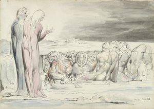 The Circle of Traitors: Alberti Brothers, illustrasjon til den guddommelige komedie av Dante Alighieri, 1824-27 (penn og blekk med wc over blyant og kritt på papir) av William Blake