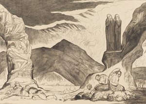 The Circle of the Falsifiers: Dante og Virgil som dekker nesen på grunn av stanken, 1827. av William Blake