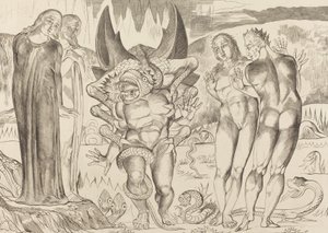 The Circle of the Thieves, Agnolo Brunelleschi angrepet av en seksfots slange, 1827. av William Blake