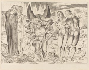 The Circle of the Thieves, Agnolo Brunelleschi angrepet av en seksfots slange, 1827. av William Blake