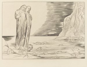Forrædernes sirkel; Dantes fot slår Bocca degli Abbate av William Blake