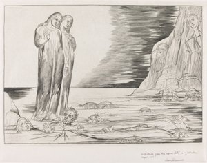 Forrædernes sirkel; Dantes fot slår Bocca degli Abbate av William Blake