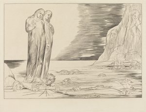 Forrædernes krets; Dantes fot treffer Bocca degli Abbate av William Blake
