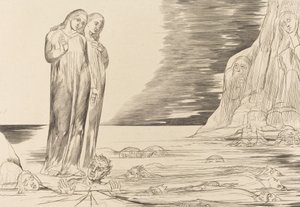 The Circle of the Traitors, Dantes fot slår Bocca degli Abbate, 1827. av William Blake