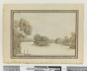 Opp. s. 120. `En utsikt i øvre del av Port Jackson; da fisken ble skutt.