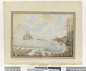 Opp. s. 194. `En del av Reef & Landing steder Sydney Bay; Sirius & Supply prøver å jobbe ut av bukten. 19. mars 1790