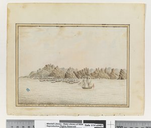 Opp. s. 19. `Santa Cruz på SE-siden av Teneriffe; Sirius & Convoy in the Roads. juni 1787. The Peak Shewing in a Gap between two other Mountains