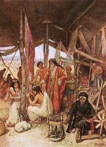 Moses undersøkte vevingen og broderingen av opphengene til Tebernacle av William Brassey Hole