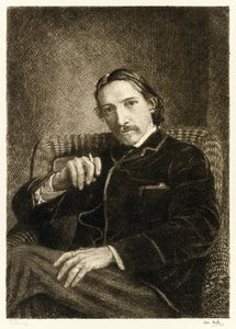 Robert Louis Stevenson (1850-1894) britisk forfatter mest kjent for sine bestselgende bøker Treasure Island, Kidnapped and the Strange Case of Dr Jekyll and Mr Hyde. Illustrasjon av William Brassey Hole (1 av William Brassey Hole