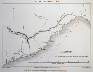 Kart over passeringer på de maritime alpene, kystveien mellom Genova og Nice, fra illustrasjoner av alpenes pass som Italia kommuniserer med Frankrike, Sveits og Tyskland, av William Brockedon (1787-1854), gravering på kobber, London