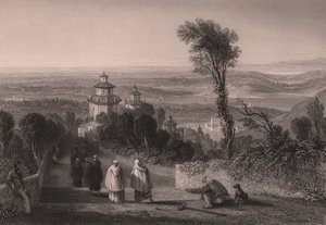 Utsikt fra Sacro Monte (Holy Mountain) i Varese, Lombardia, Italia, stålgravering av T Willmore fra tegning av William Brockedon (1787-1854), ca 23x18 cm