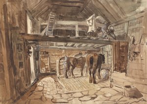 Interiør i en stall, med slepehester fôring av William Burgess