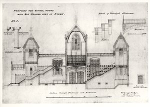 Detaljer om innganger, trapper, døråpning og rekkverk til ovnskammeret, (New Big School), Rugby School, 1844 (svart blekk, blyant og wc)