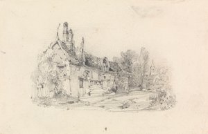 Våningshus med kirke i avstand av William Callow
