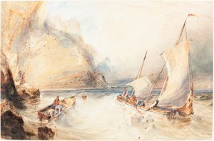 Franske fiskebåter utenfor en steinete kyst av William Callow